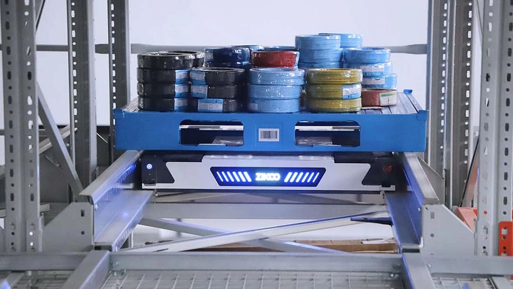 Zikoo Robotics four-way shuttle for dense storage and automated storage retrieval system in automatic 3D warehouse