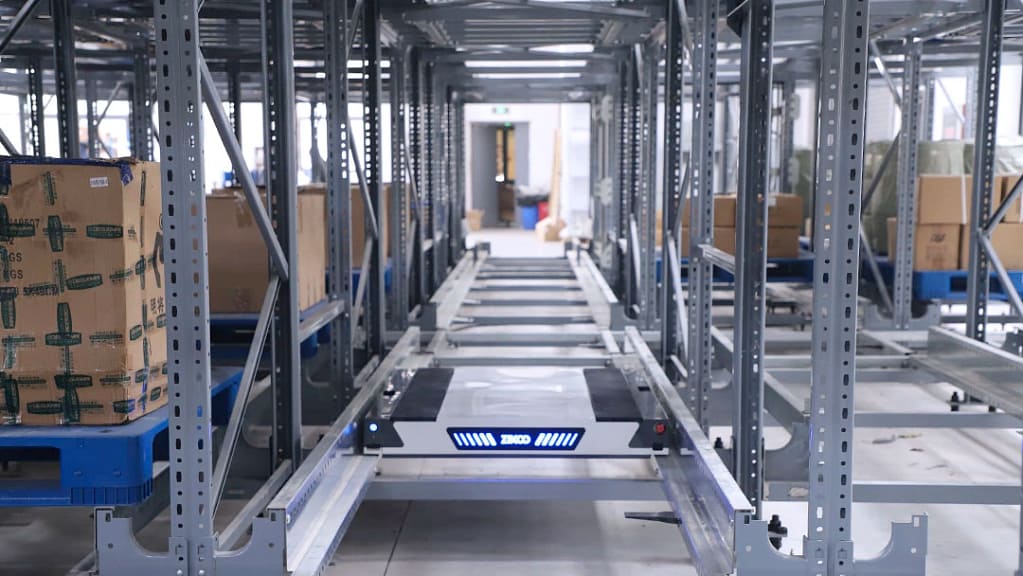 Zikoo Robotics four-way shuttle for dense storage and automated storage retrieval system in automatic 3D warehouse