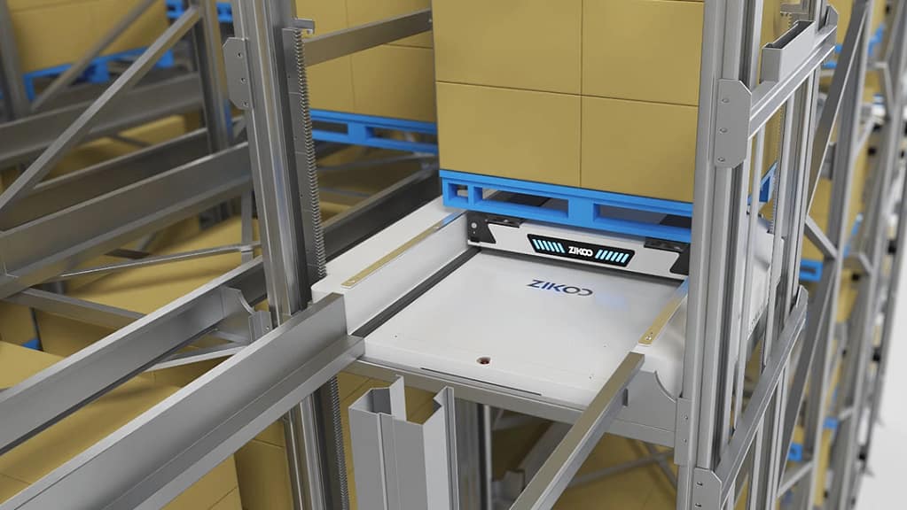 Zikoo Robotics Four-way shuttle working in dense storage with automated storage retrieval system in an automatic 3D warehouse