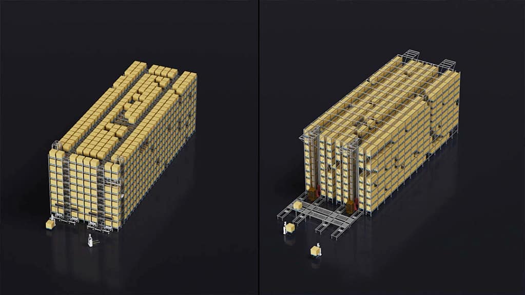 Six-Way Shuttle moving in a dense storage layout