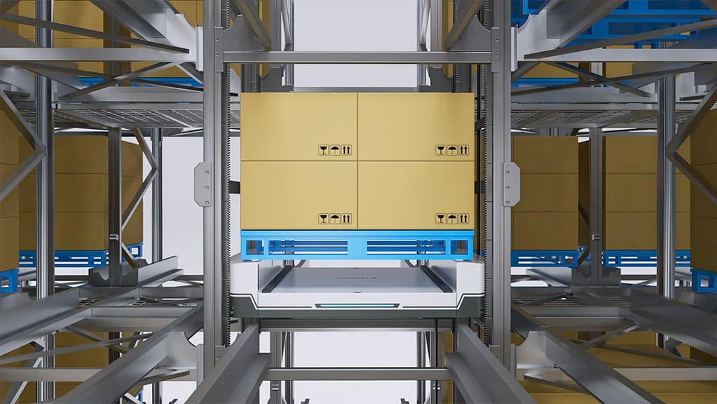 Zikoo Robotics vertical two-way shuttle for automated storage and retrieval system in multi-level pallet warehouses