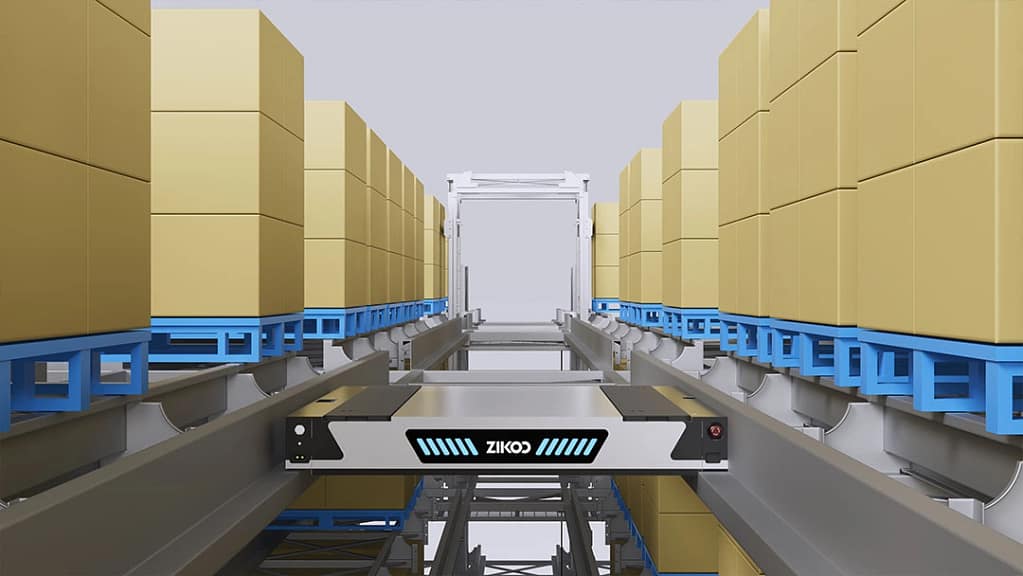 Zikoo Robotics Four-way shuttle working in dense storage with automated storage retrieval system in an automatic 3D warehouse