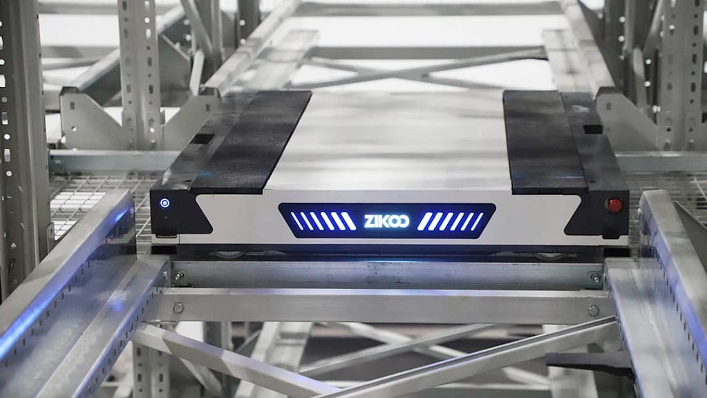 Zikoo Robotics four-way shuttle for dense storage and automated storage retrieval system in automatic 3D warehouse