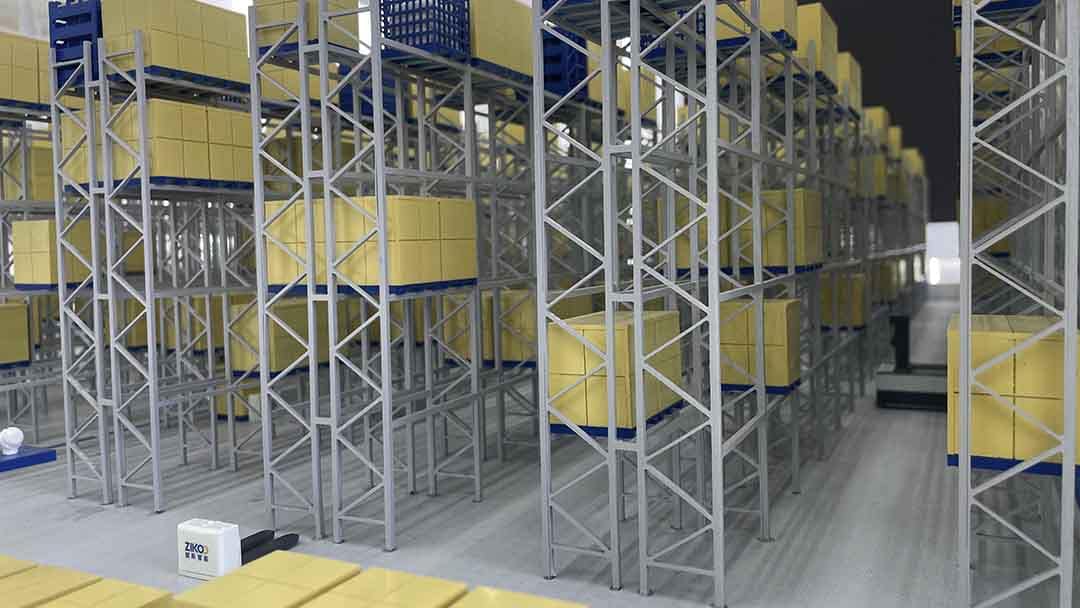 Zikoo Robotics narrow aisle storage system using four-way shuttles to increase pallet density and warehouse capacity