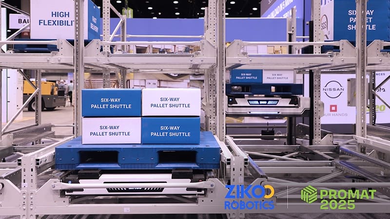 Zikoo Robotics six-way shuttle close-up showing integrated vertical lift and four-way movement for automated storage retrieval system