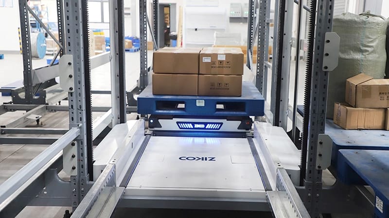 Zikoo Robotics four-way shuttle for dense storage and automated storage retrieval system in automatic 3D warehouse