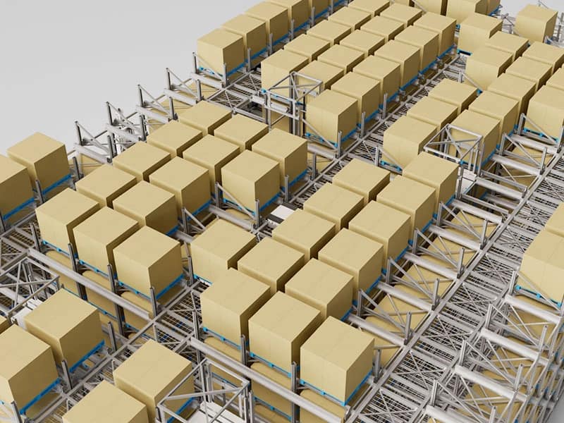 Zikoo Robotics Four-way shuttle working in dense storage with automated storage retrieval system in an automatic 3D warehouse