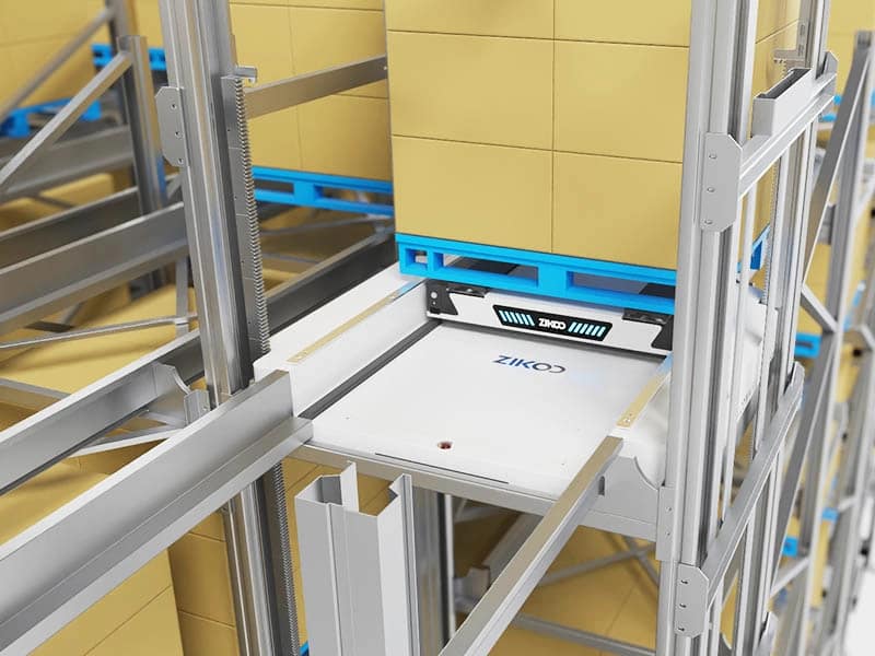 Zikoo Robotics Four-way shuttle working in dense storage with automated storage retrieval system in an automatic 3D warehouse
